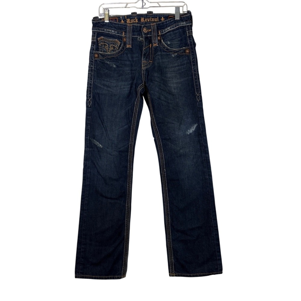 Rock Revival Mick Bootcut Jeans Dark Wash Distressed Fleur-De-Lis Mens 29